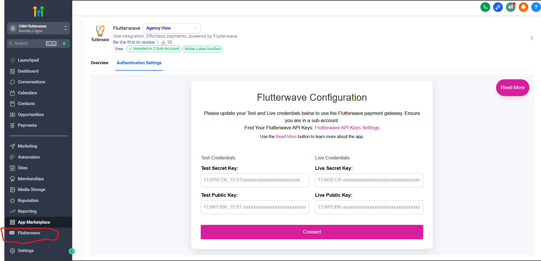 Flutterwave Custom Menu in GHL